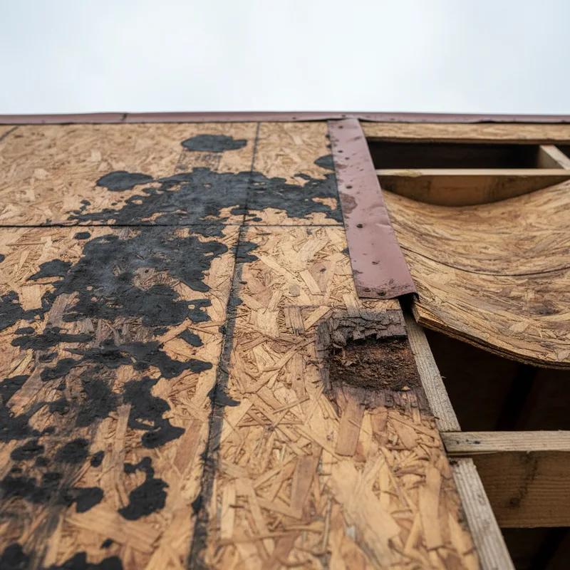 Damaged and rotted plywood roof deck panels on a Philadelphia row home, showing dark discoloration, soft spots, and delamination after old shingles were removed during a reroof project