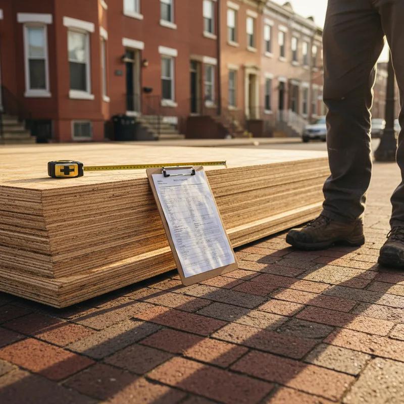A roofing crew installing new OSB sheathing panels on a Philadelphia row home roof during a reroof, with stacks of plywood sheets and tools visible on the work site