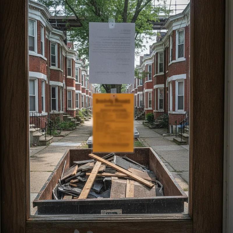 A Philadelphia Department of Licenses and Inspections permit posted on a row home exterior during an active roofing project, with a contractor visible working on the roof in the background