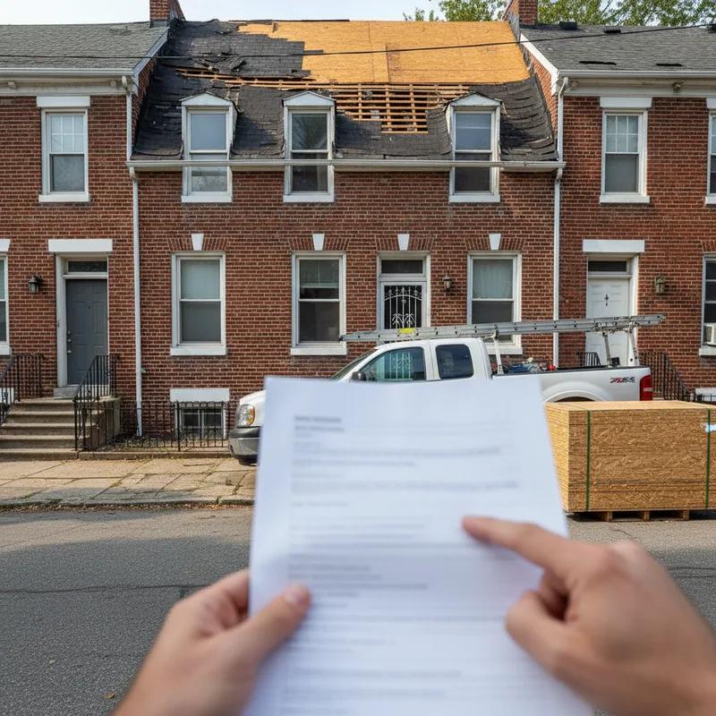 A Philadelphia homeowner reviewing a detailed roofing estimate with a contractor on a front stoop, with a clipboard showing itemized costs for sheathing replacement and other roofing materials