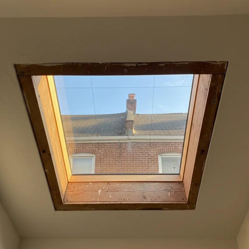 A bright Philadelphia row home interior with a newly installed skylight flooding a narrow hallway with natural daylight, brick walls visible on either side