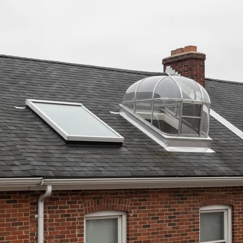 Close-up of a double-pane low-E venting skylight being installed on a Philadelphia row home flat roof, with a curb mount frame and aluminum flashing visible