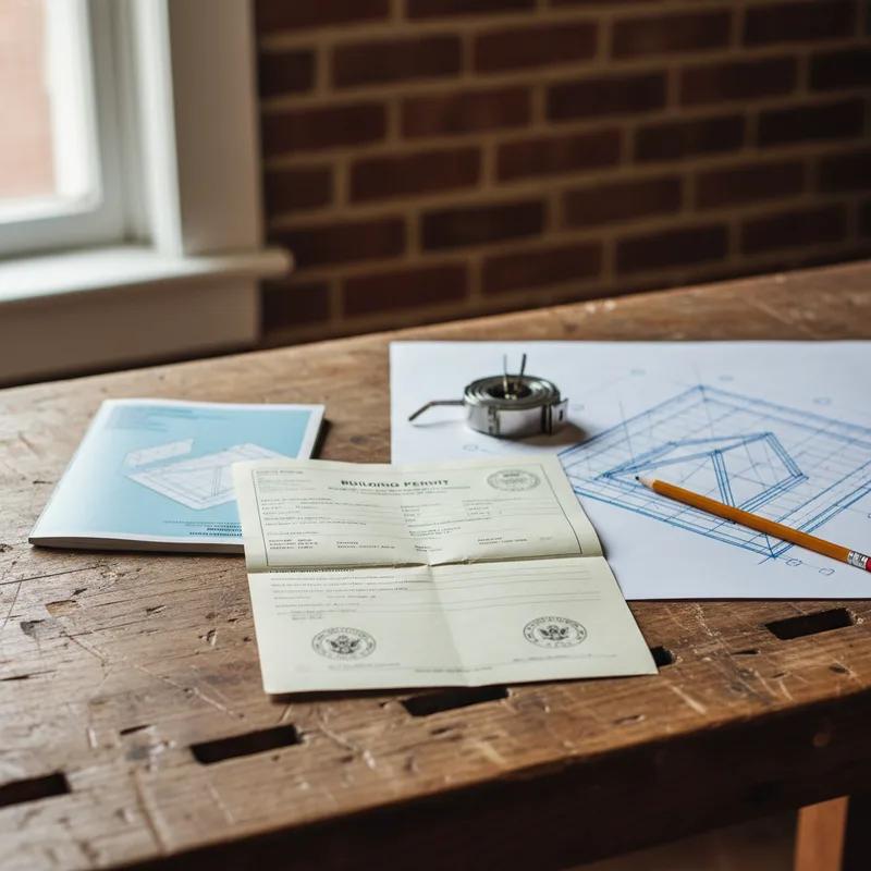 A Philadelphia homeowner reviewing building permit documents with a licensed roofing contractor at a kitchen table, a laptop showing the eCLIPSE permit portal in the background