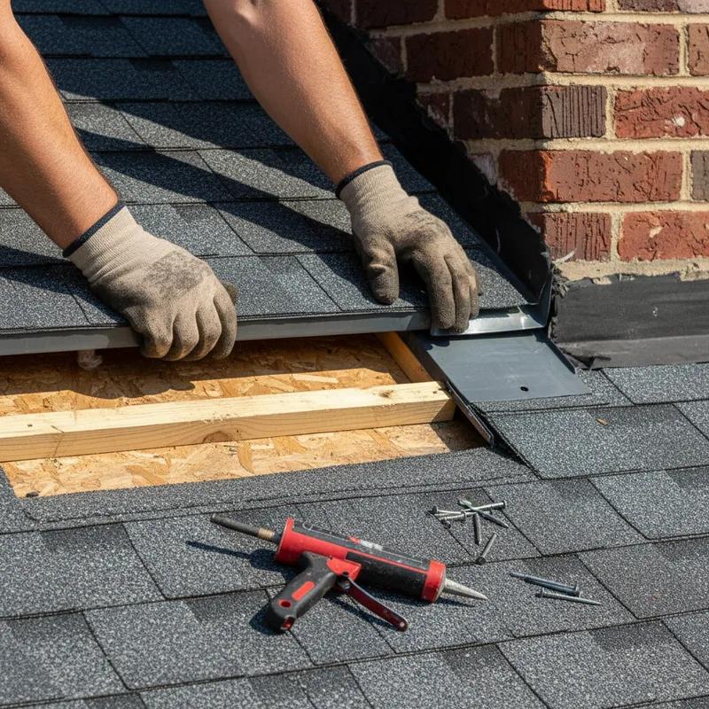 A roofing crew installing step flashing around a new skylight curb on a Philadelphia home's asphalt shingle roof, with row homes visible in the background