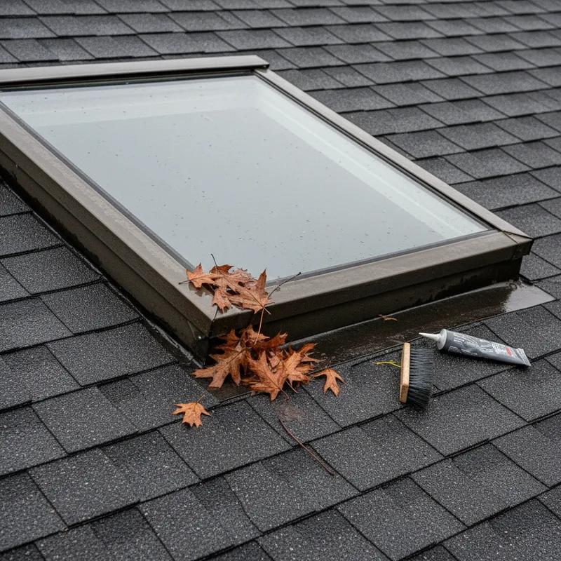 A Philadelphia homeowner safely inspecting a rooftop skylight after a winter storm, checking flashing and clearing light snow accumulation from around the frame