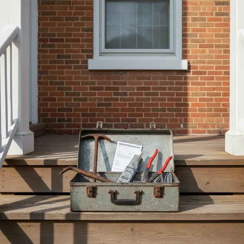 A licensed Philadelphia roofing contractor presenting a detailed written estimate for skylight installation to a homeowner on a front porch of a South Philadelphia row home