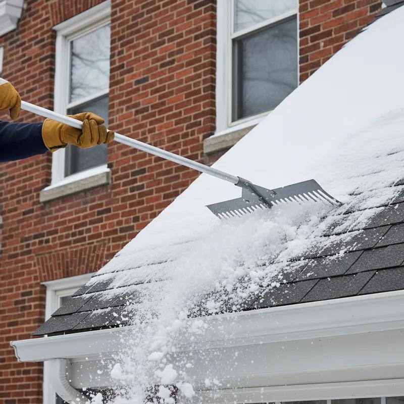 A homeowner using a roof rake to safely remove snow from a flat roof in Philadelphia.