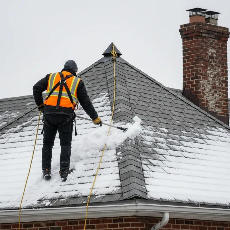 A professional roofing contractor removing snow from a Philadelphia roof with specialized equipment.