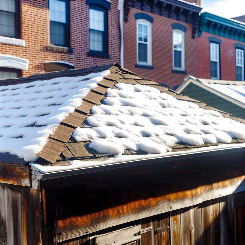 A row of Philadelphia row homes with snow-covered flat roofs, highlighting the city's winter weather impact.