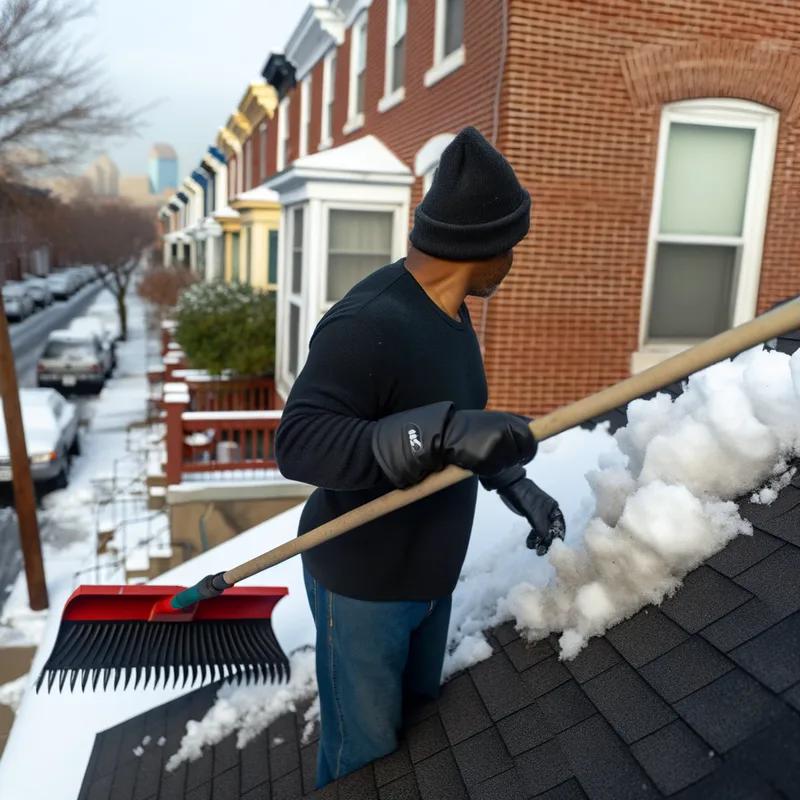A homeowner using a roof rake to safely remove snow from a flat roof in Philadelphia.