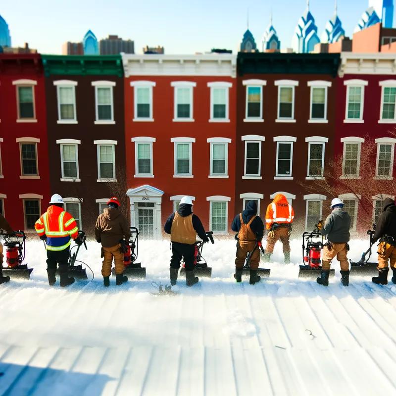 A professional roofing contractor removing snow from a Philadelphia roof with specialized equipment.