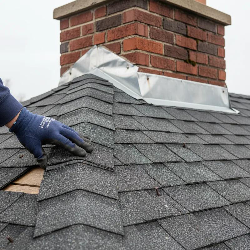 A Philadelphia roofing contractor inspecting asphalt shingles on a row home rooftop before solar panel installation, with a clipboard and measuring tools in hand