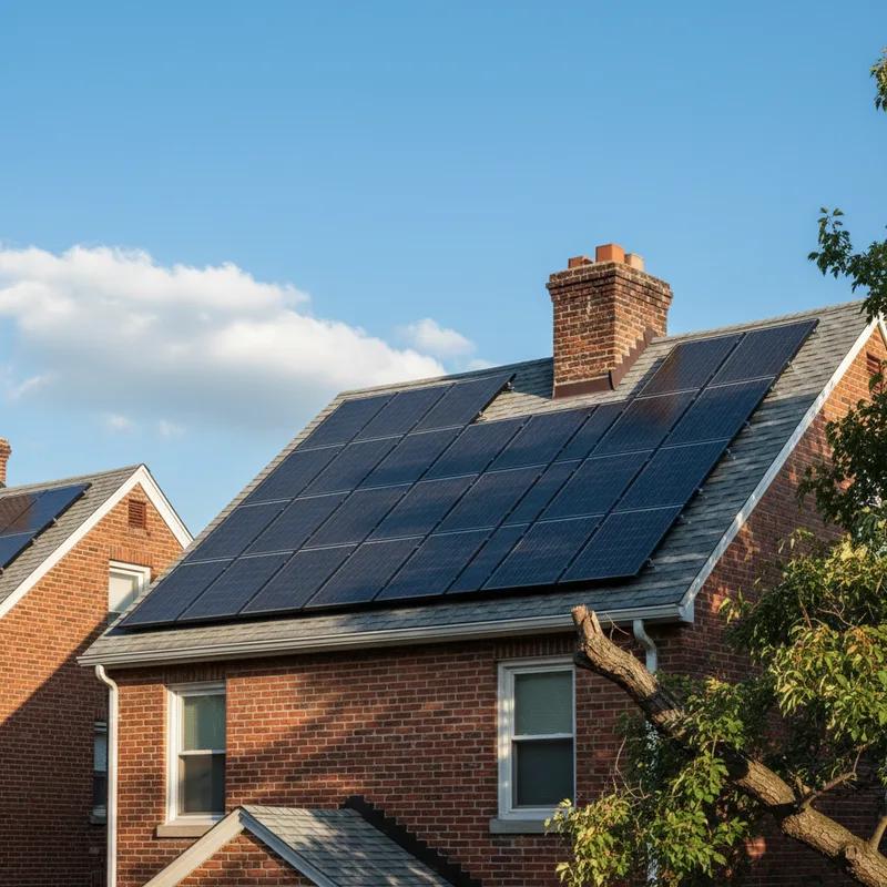 Aerial view of a south-facing Philadelphia row home rooftop with solar panels installed, surrounded by neighboring homes and mature street trees in a dense urban neighborhood