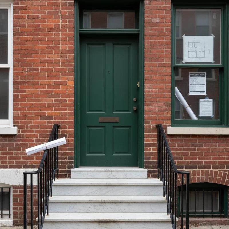 A Philadelphia homeowner reviewing solar installation permit documents at a kitchen table, with a laptop showing the Philadelphia L&I website open in the background