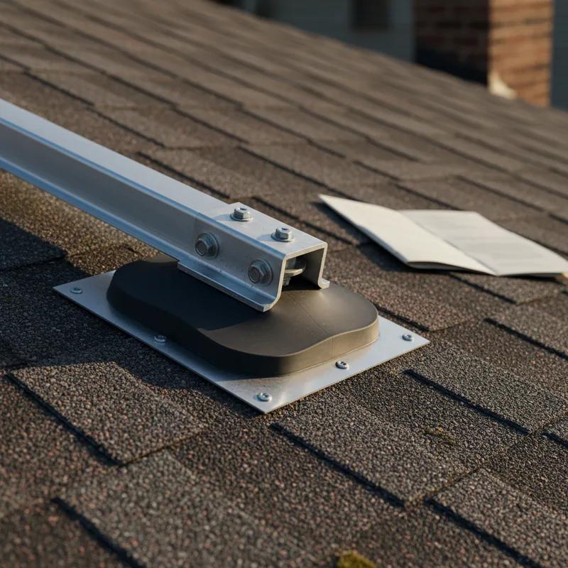 Close-up of solar panel mounting hardware and flashing detail on a Philadelphia rooftop, showing properly sealed lag bolt penetrations through asphalt shingles