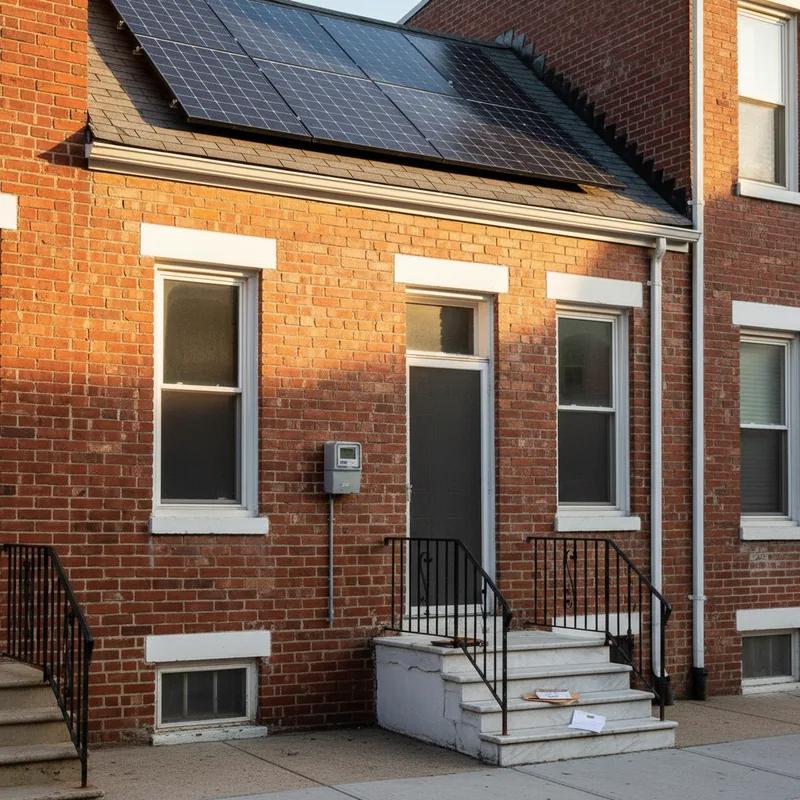 A Philadelphia homeowner reviewing solar energy savings on a tablet app showing monthly electricity bill comparisons, seated near a window with rooftop solar panels visible outside