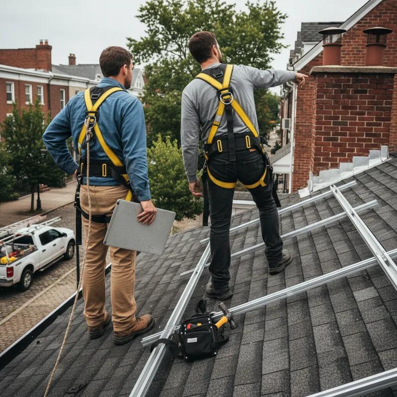 A licensed Philadelphia solar and roofing contractor team on a row home rooftop in South Philadelphia, installing solar panel racking while wearing safety harnesses on a sunny day
