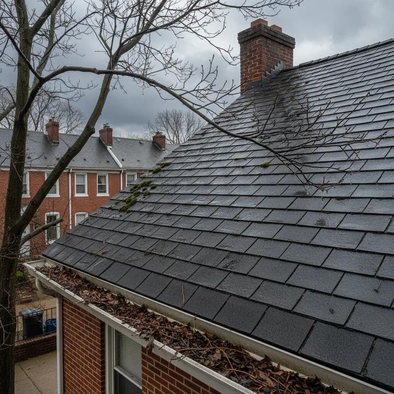 A typical Philadelphia row home roof with visible debris and gutters in need of cleaning, set against a cloudy spring sky.