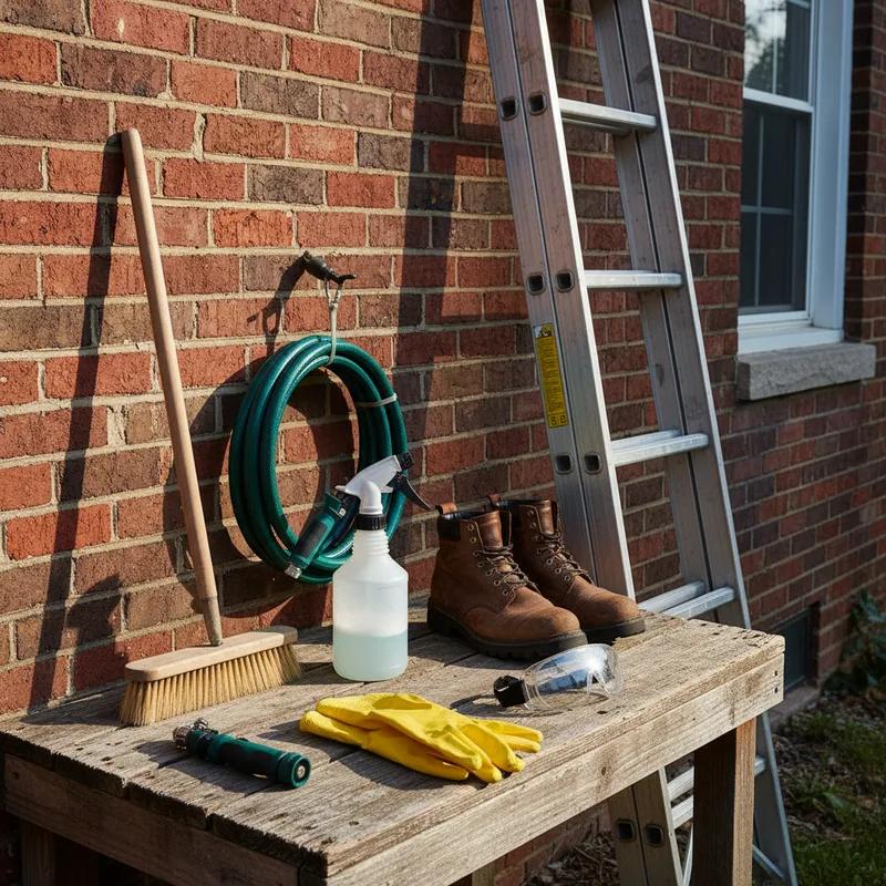 A homeowner wearing safety gear, standing on a ladder while inspecting a Philadelphia row home roof with cleaning tools in hand.