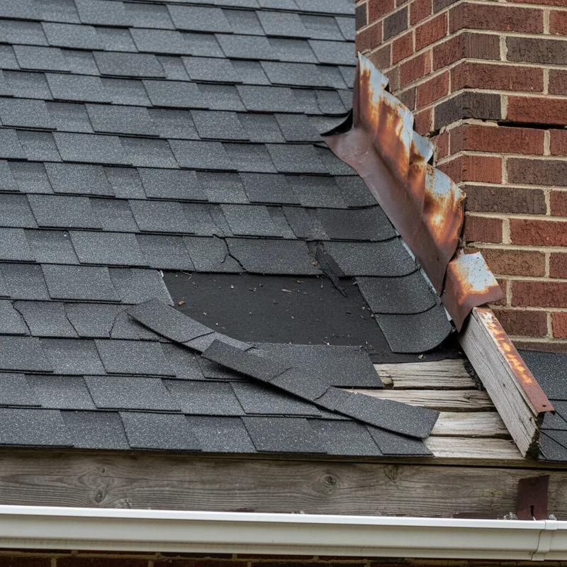 Close-up of a Philadelphia roof with visible shingle damage and a contractor assessing the necessary repairs.