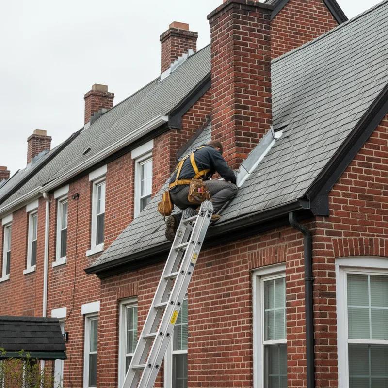 A professional roofing contractor with equipment, assessing a Philadelphia roof with a historic architectural style.