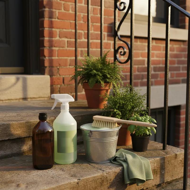 Eco-friendly cleaning products and rainwater collection barrels used for sustainable roof maintenance in a Philadelphia neighborhood.