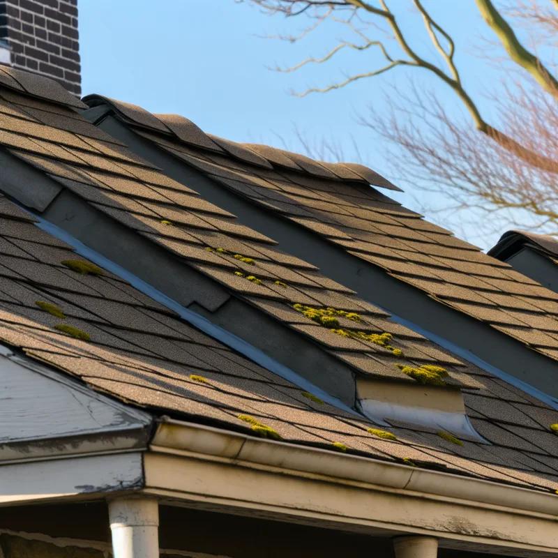 A typical Philadelphia row home roof with visible debris and gutters in need of cleaning, set against a cloudy spring sky.