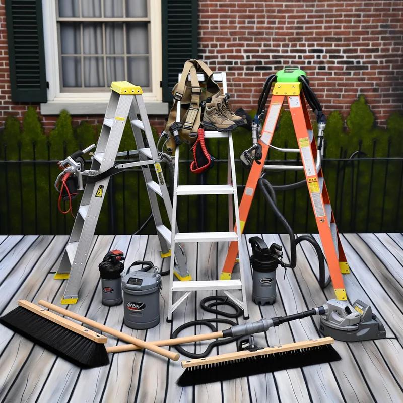 A homeowner wearing safety gear, standing on a ladder while inspecting a Philadelphia row home roof with cleaning tools in hand.