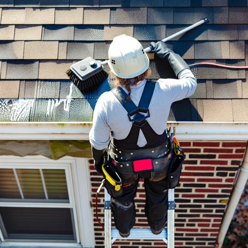 A homeowner carefully cleaning debris from a roof and gutters on a sunny Philadelphia day, surrounded by spring foliage.