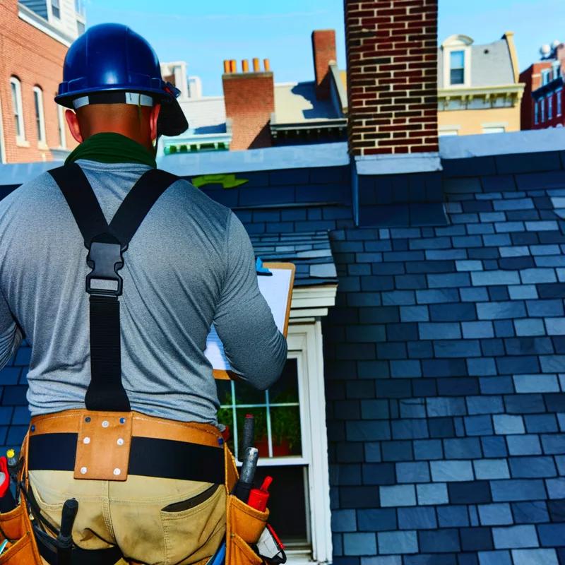 A professional roofing contractor with equipment, assessing a Philadelphia roof with a historic architectural style.