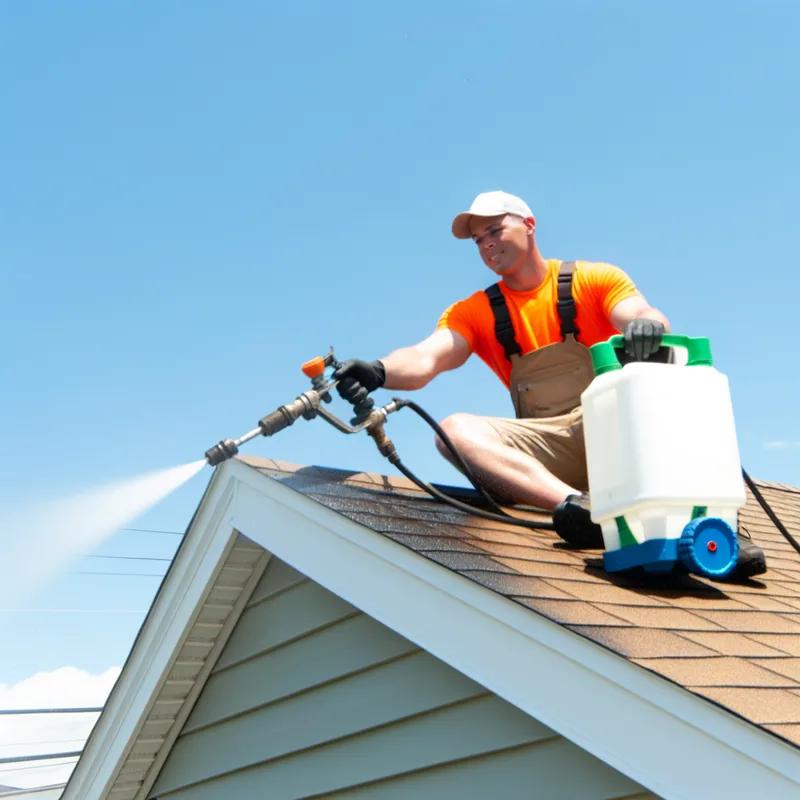 Eco-friendly cleaning products and rainwater collection barrels used for sustainable roof maintenance in a Philadelphia neighborhood.