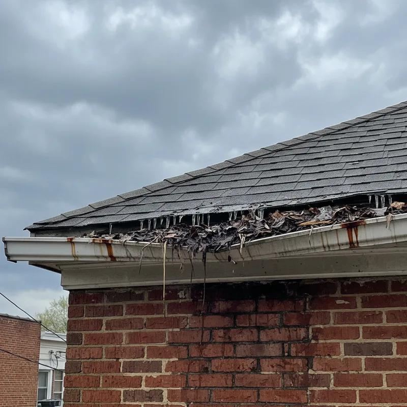 A typical Philadelphia row home roof under a cloudy spring sky, illustrating potential weather challenges.