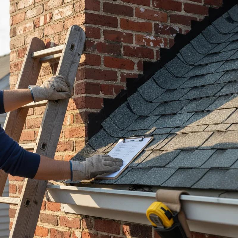 A homeowner using a checklist to conduct a spring roof inspection on a Philadelphia home, focusing on shingles and gutters.