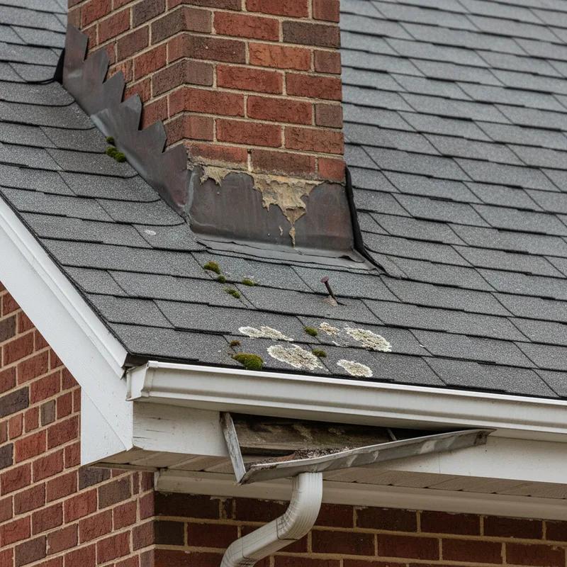 Close-up of a Philadelphia row home's roof, highlighting common issues like shingle wear and moss growth.