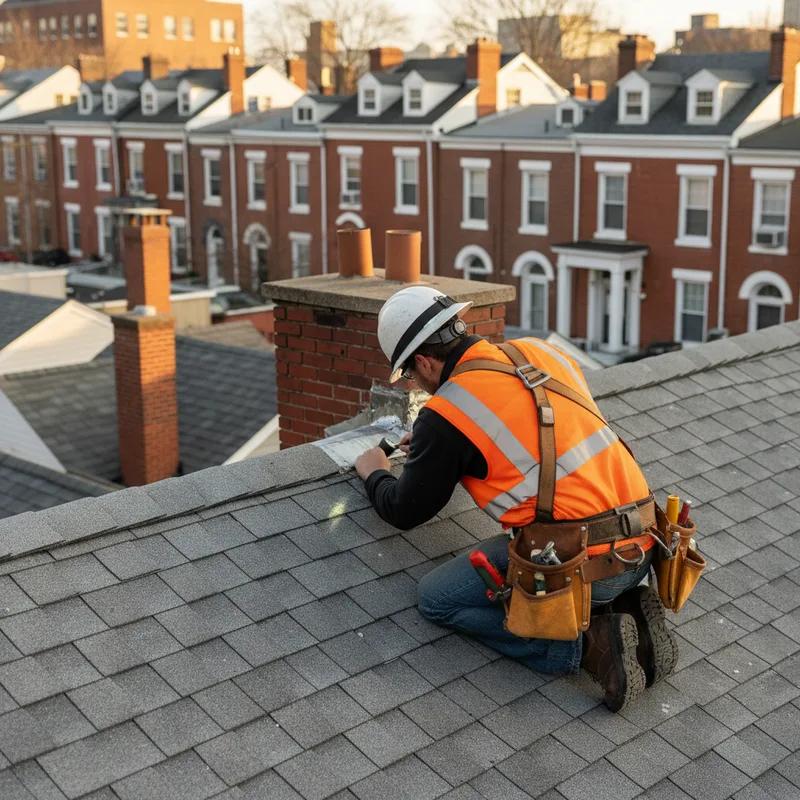 A professional roofer inspecting a Philadelphia home, equipped with safety gear and tools, ensuring thorough evaluation.