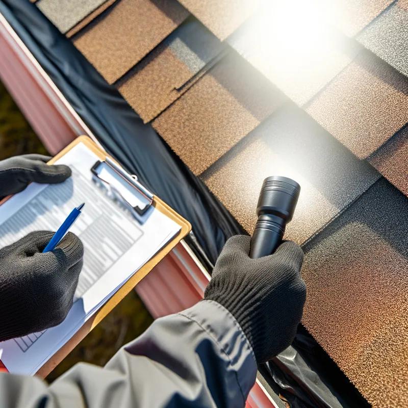 A homeowner using a checklist to conduct a spring roof inspection on a Philadelphia home, focusing on shingles and gutters.