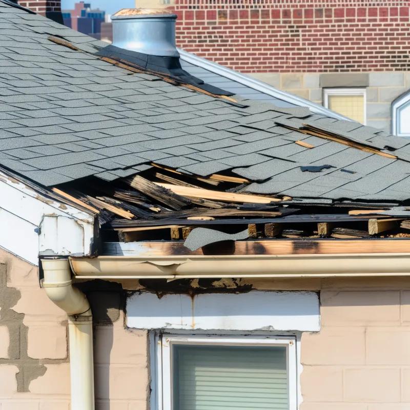 Close-up of a Philadelphia row home's roof, highlighting common issues like shingle wear and moss growth.