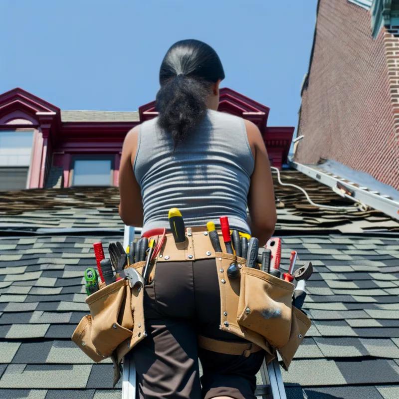 A professional roofer inspecting a Philadelphia home, equipped with safety gear and tools, ensuring thorough evaluation.