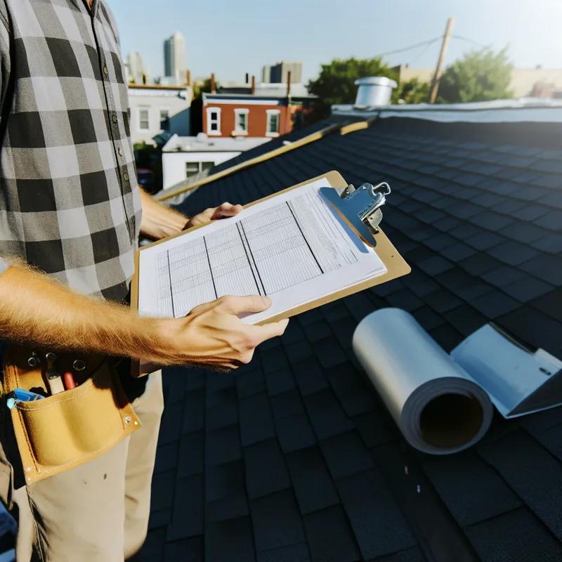 A roofing contractor examining a roof with a checklist in hand, ensuring compliance with Philadelphia building codes.