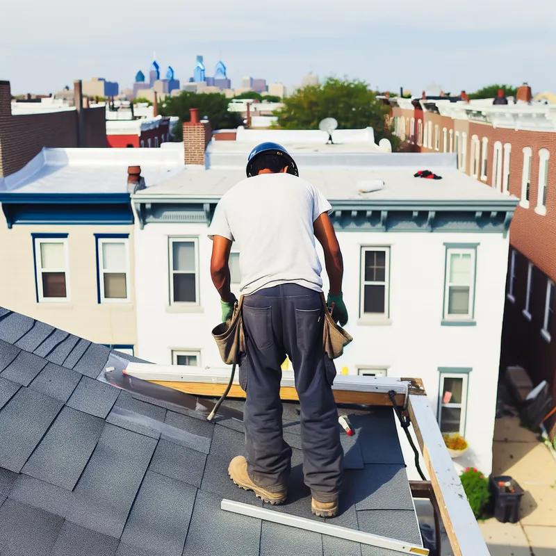 A Philadelphia roofing contractor discussing inspection results with a homeowner, with city skyline in the background.