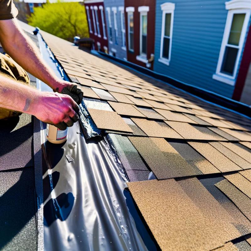 A homeowner cleaning gutters and checking shingles on a Philadelphia roof as part of preventative maintenance.