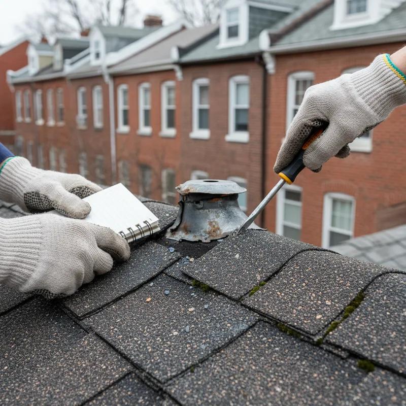 A professional roofing contractor conducting a roof inspection on a Philadelphia home, checking for damage and wear.