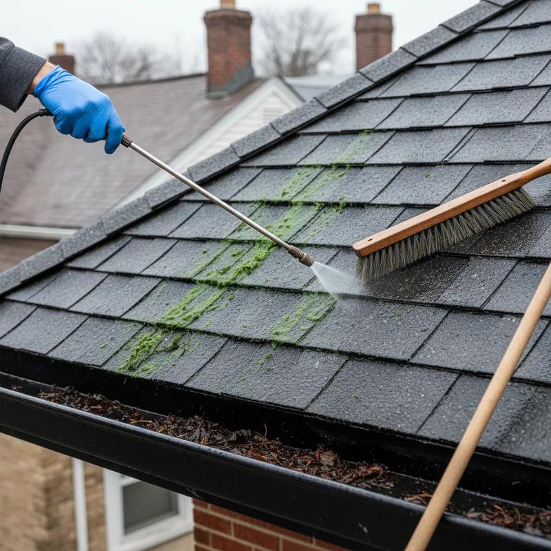 A homeowner using a soft broom to clean debris off a shingle roof in Philadelphia, ensuring careful maintenance.
