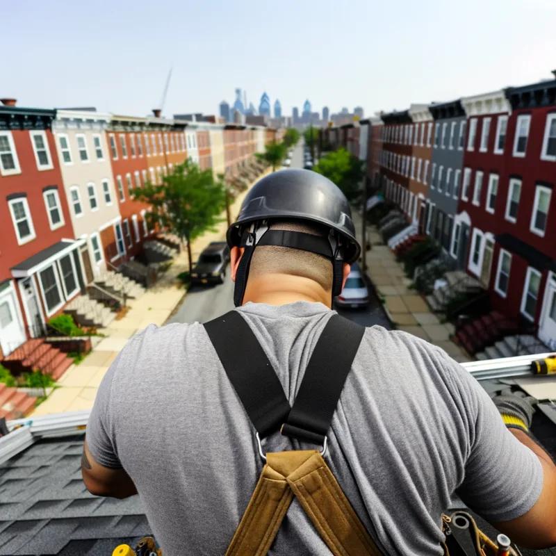 A professional roofing contractor conducting a roof inspection on a Philadelphia home, checking for damage and wear.