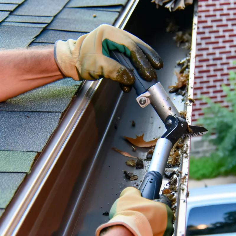 A homeowner using a soft broom to clean debris off a shingle roof in Philadelphia, ensuring careful maintenance.