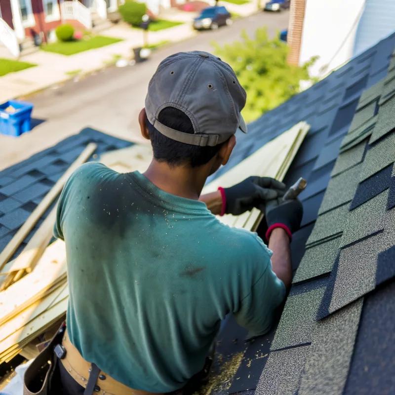 A roofer replacing damaged shingles on a Philadelphia home, ensuring the roof is in good condition for the spring season.