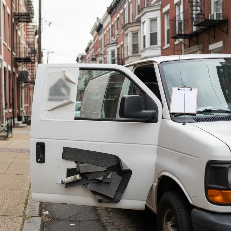 A door-to-door salesman in a company shirt holding a clipboard and speaking with a concerned Philadelphia homeowner on a front stoop after a rainstorm