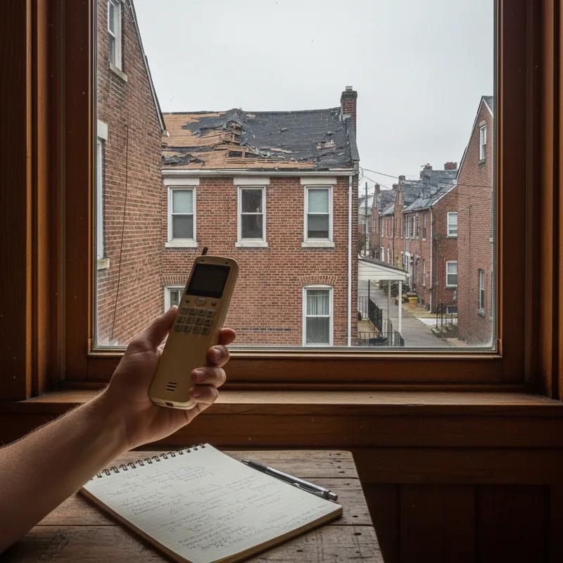 A frustrated Philadelphia homeowner on the phone with their insurance company while looking at an unfinished or poorly repaired roof visible through a second-floor window