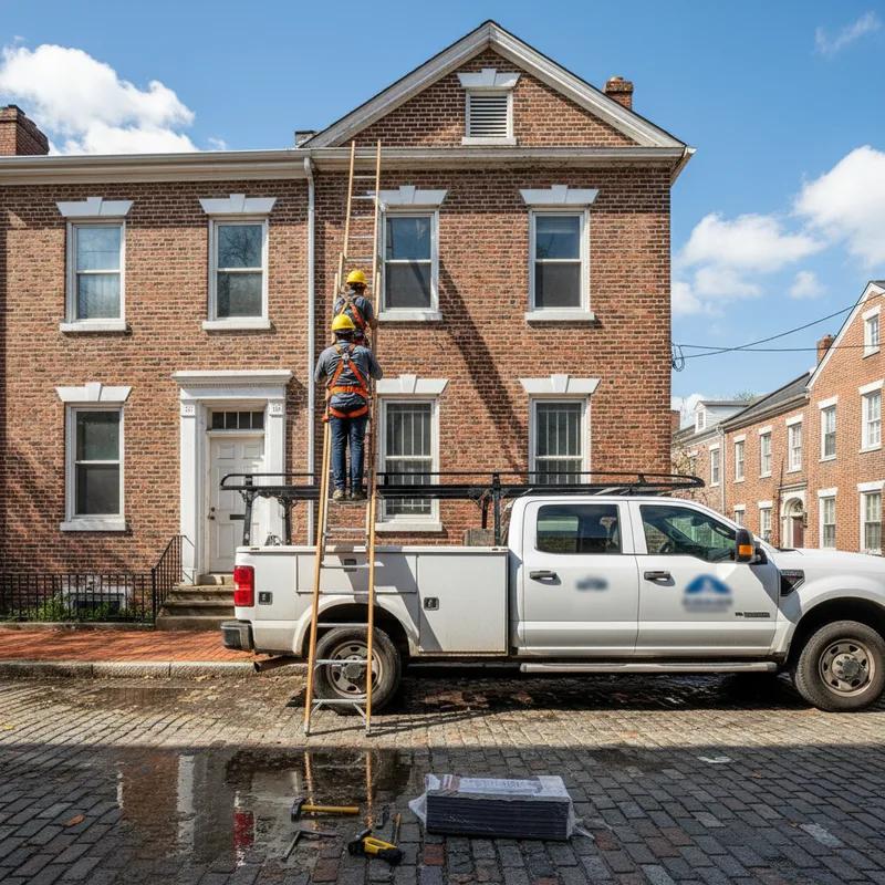 A licensed Philadelphia roofer in safety gear carefully inspecting a flat rubber roof on a row home in a dense urban neighborhood, with city skyline visible in the background