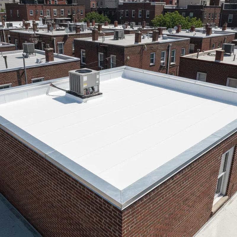 Roofing crew heat-welding white TPO membrane seams on a flat commercial rooftop in Philadelphia with the city skyline visible in the background